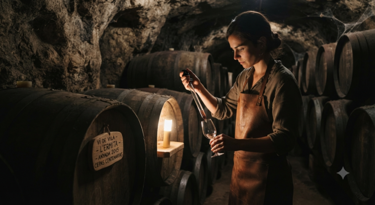 Productor trabajando en una bodega entre barricas, en una escena relacionada con la elaboración de vino.